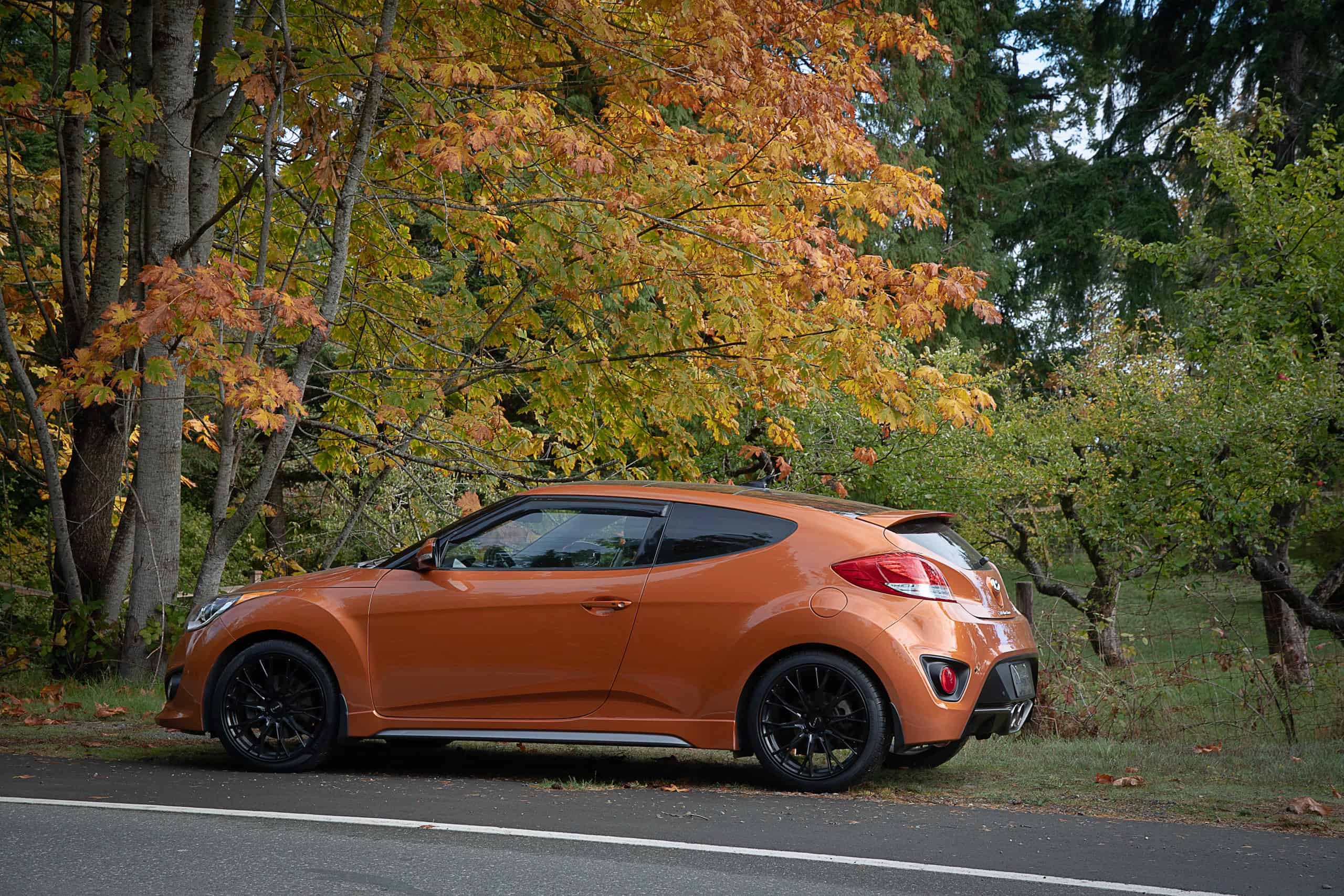 Hyundai Veloster in front of fall foliage